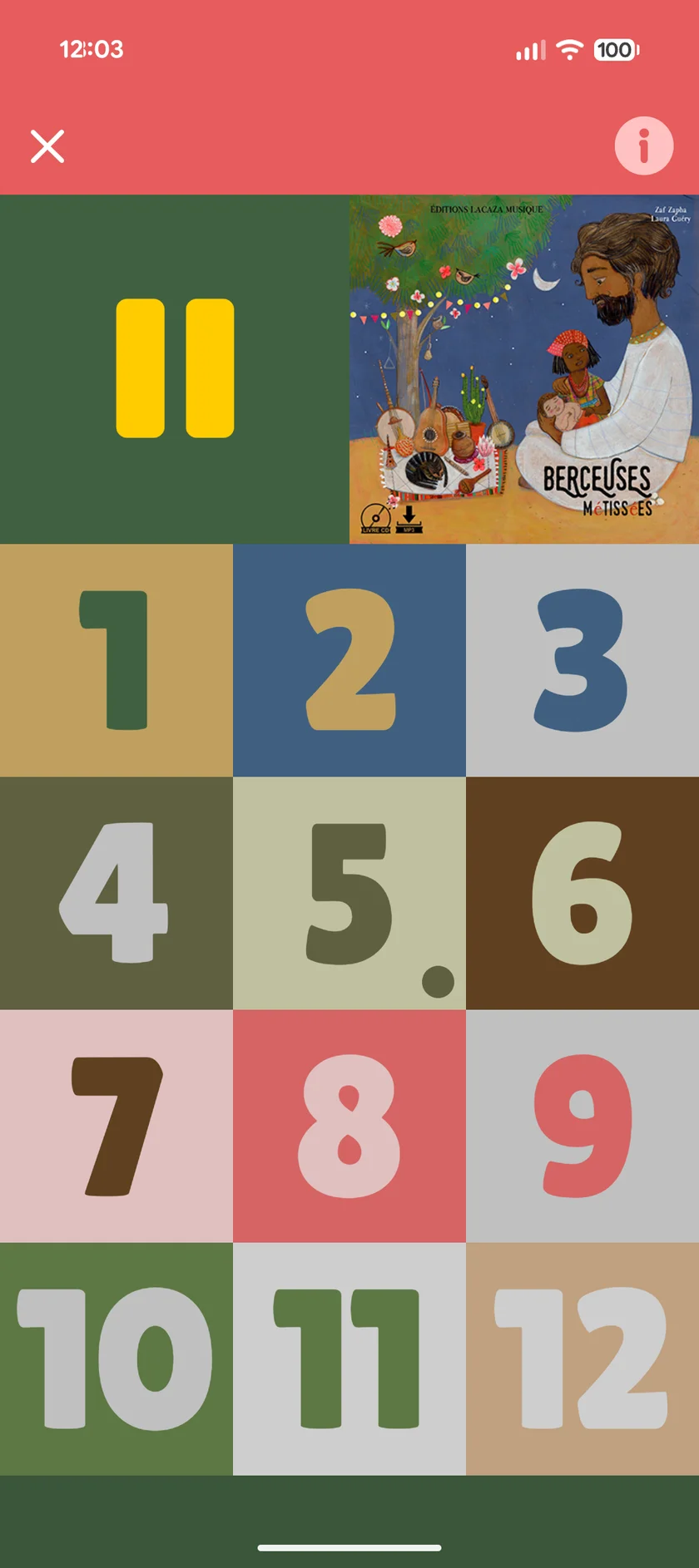 Un album de berceuses en cours d’écoute dans l’appli munki