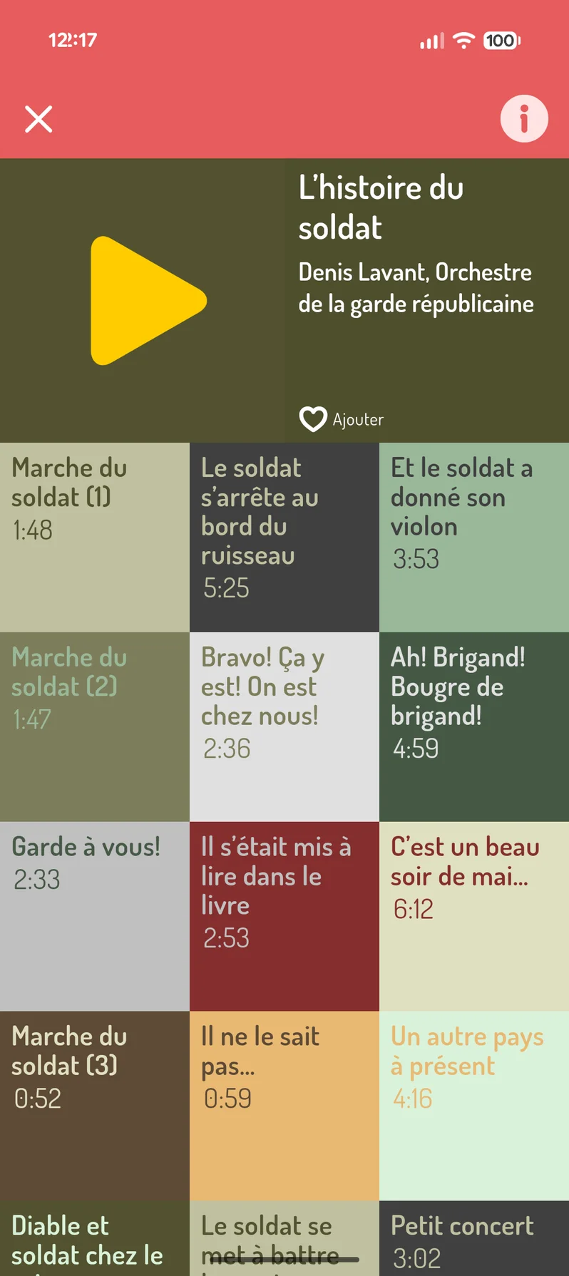 Le même lecteur, avec le titre et la durée de chaque piste