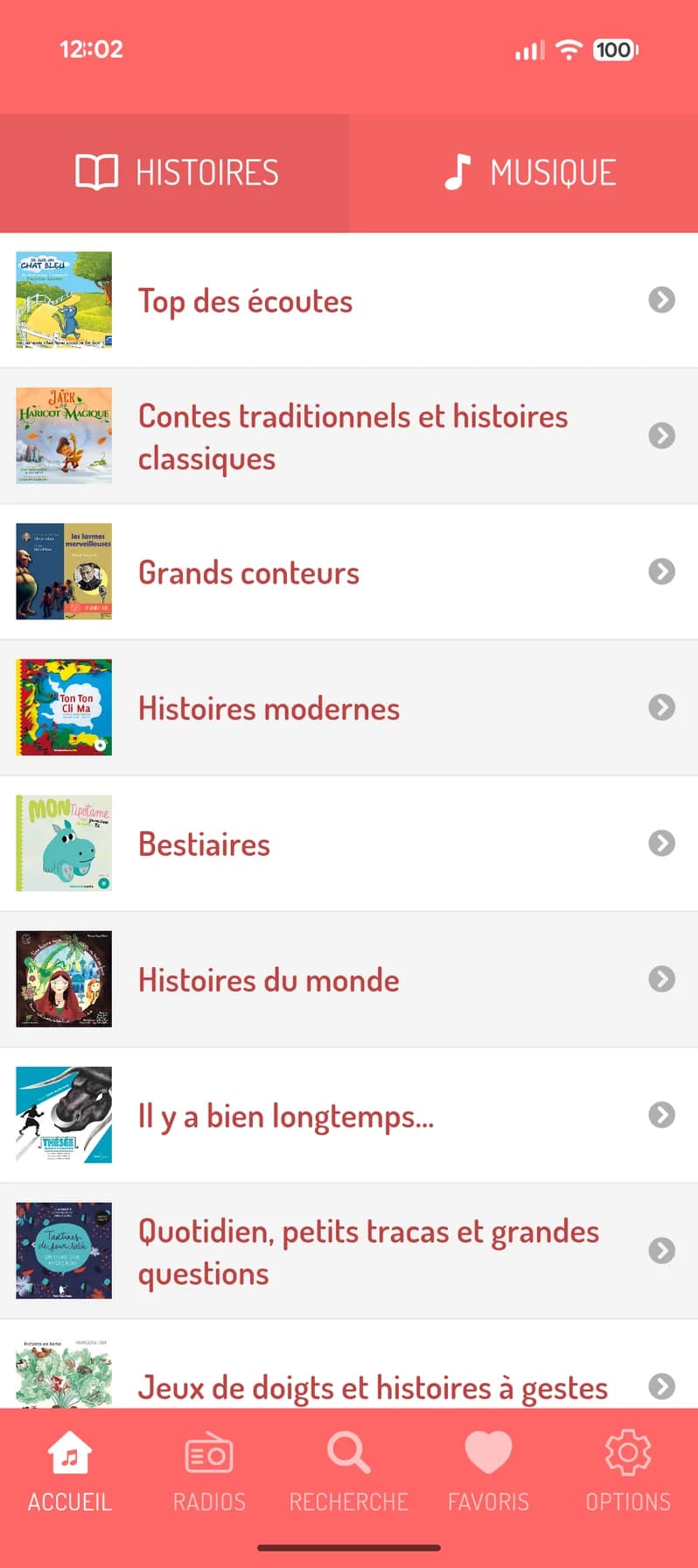 Le menu des histoires, par thèmes : top des écoutes, contes traditionnels, grands conteurs, bestiaires…
